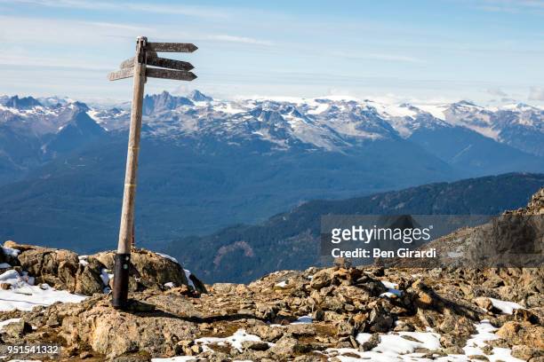 sign at top of whistler mountain labeling surrounding mountain peaks, garibaldi provincial park, whistler, british columbia, canada - labeling stock pictures, royalty-free photos & images