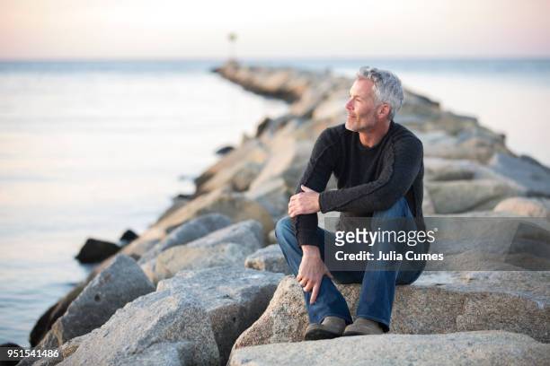 gray-haired man contemplating on coastal rocks at dusk, dennis, massachusetts, usa - grijze bloes stockfoto's en -beelden