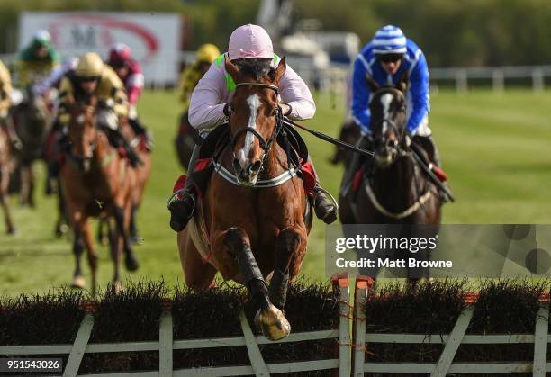Naas , Ireland - 26 April 2018; Faugheen, with David Mullins up, jumps the last on their way to winning the Ladbrokes Champion Stayers Hurdle at...