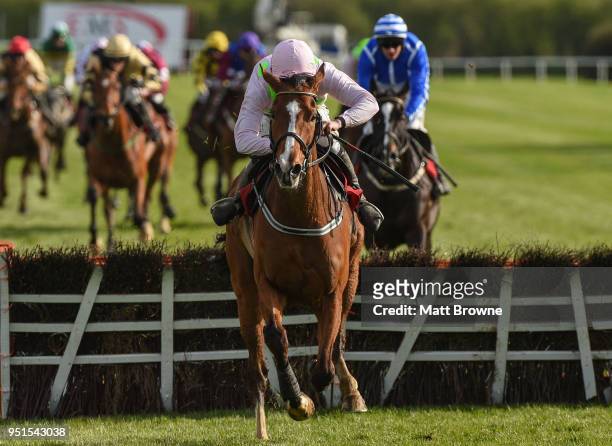 Naas , Ireland - 26 April 2018; Faugheen, with David Mullins up, on their way to winning the Ladbrokes Champion Stayers Hurdle after jumping the last...