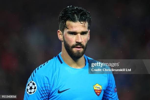 Alisson of AS Roma looks on during the UEFA Champions League Semi Final First Leg match between Liverpool and A.S. Roma at Anfield on April 24, 2018...