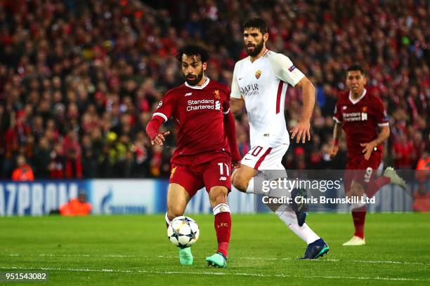 Mohamed Salah of Liverpool scores his side's second goal during the UEFA Champions League Semi Final First Leg match between Liverpool and A.S. Roma...