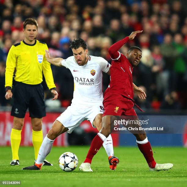 Georginio Wijnaldum of Liverpool and Kevin Strootman of AS Roma in action during the UEFA Champions League Semi Final First Leg match between...