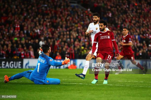 Mohamed Salah of Liverpool scores his side's second goal during the UEFA Champions League Semi Final First Leg match between Liverpool and A.S. Roma...