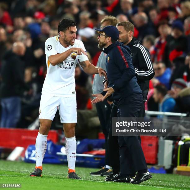 Manager of AS Roma Eusebio Di Francesco speaks with Kevin Strootman during the UEFA Champions League Semi Final First Leg match between Liverpool and...