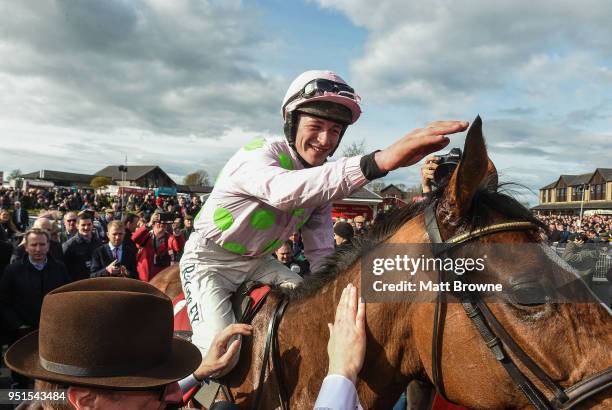 Naas , Ireland - 26 April 2018; David Mullins on Faugheen celebrates winning the Ladbrokes Champion Stayers Hurdle at Punchestown Racecourse in Naas,...