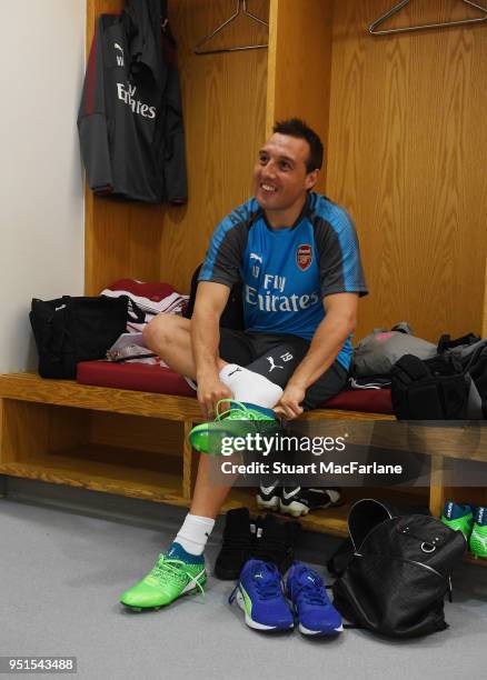 Arsenal's Santi Cazorla in the home changing room before training on the pitch before the UEFA Europa League Semi Final leg one match between Arsenal...