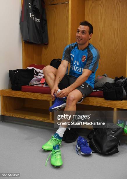 Arsenal's Santi Cazorla in the home changing room before training on the pitch before the UEFA Europa League Semi Final leg one match between Arsenal...