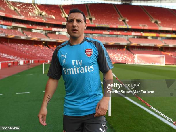 Arsenal's Santi Cazorla before training on the pitch before the UEFA Europa League Semi Final leg one match between Arsenal FC and Atletico Madrid at...