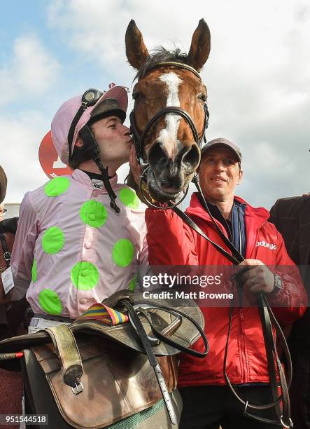 Naas , Ireland - 26 April 2018; David Mullins kisses Faugheen after winning the Ladbrokes Champion Stayers Hurdle at Punchestown Racecourse in Naas,...