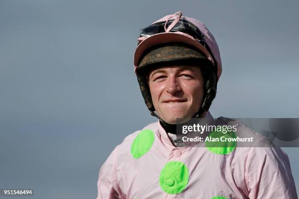 David Mullins reacts after riding Faugheen to win The Ladbrokes Champion Stayers Hurdle at Punchestown racecourse on April 26, 2018 in Naas, Ireland.