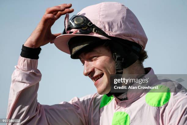 Shocked looking David Mullins reacts after riding Faugheen to win The Ladbrokes Champion Stayers Hurdle at Punchestown racecourse on April 26, 2018...