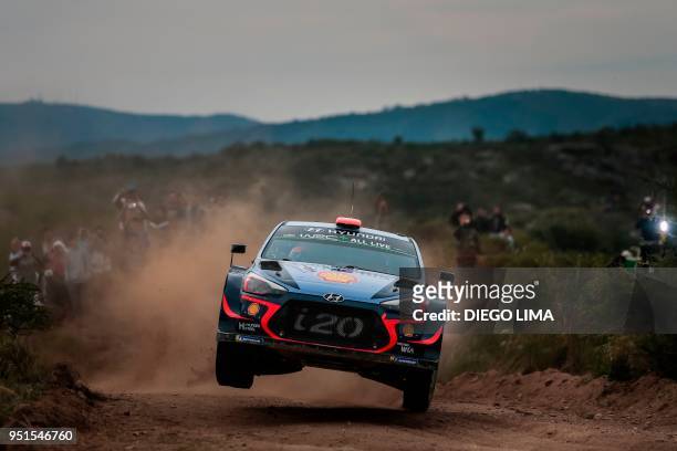 Spanish driver Daniel Sordo steers his Hyundai i20 Coupe WRC with his compatriot co-driver Carlos Del Barrio during the shakedown of the WRC...