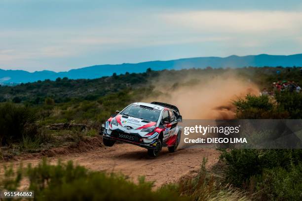 Finnish driver Jari-Matti Latvala steers his Toyota Yaris WRC with his compatriot co-driver Miikka Anttila during the shakedown of the WRC Argentina...