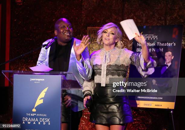 Tituss Burgess and Jane Krakowski during the 2018 Drama Desk Awards Nominations at Feinstein's/54 Below on April 26, 2018 in New York City.