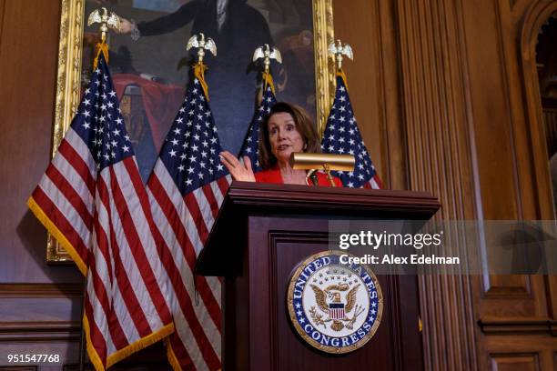 House Minority Leader Nancy Pelosi speaks with journalists' kids during her weekly press conference on 'Take our Daughters and Sons to Work Day' at...