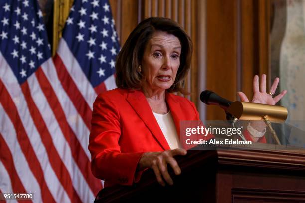 House Minority Leader Nancy Pelosi speaks with journalists' kids during her weekly press conference on 'Take our Daughters and Sons to Work Day' at...