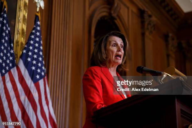 House Minority Leader Nancy Pelosi speaks with journalists' kids during her weekly press conference on 'Take our Daughters and Sons to Work Day' at...
