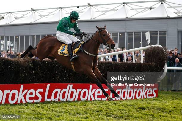 Daryl Jacob riding Footpad clear the last to win The Ryanair Novice Steeplechase at Punchestown racecourse on April 26, 2018 in Naas, Ireland.