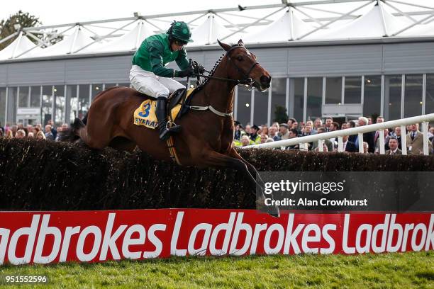 Daryl Jacob riding Footpad clear the last to win The Ryanair Novice Steeplechase at Punchestown racecourse on April 26, 2018 in Naas, Ireland.