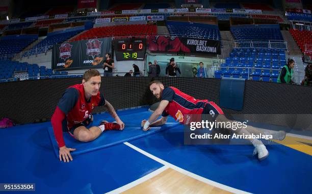 Janis Timma, #6 of Kirolbet Baskonia Vitoria Gasteiz and Marcelinho Huertas, #9 of Kirolbet Baskonia Vitoria Gasteiz warm up prior to the Turkish...