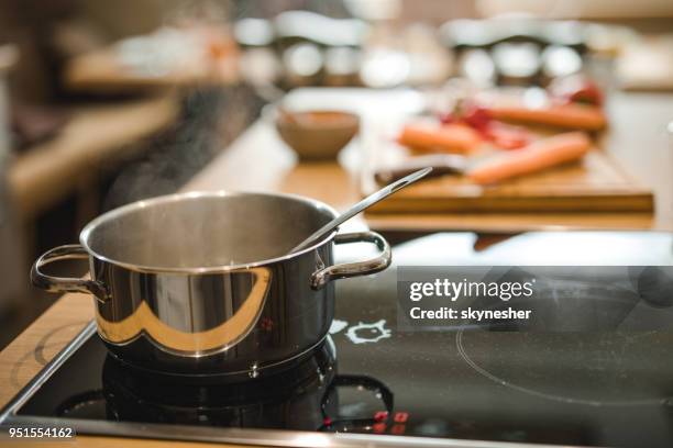 panela com ebulição vapor em um fogão de cozinha. - saucepan - fotografias e filmes do acervo