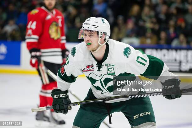 Everett Silvertips captain Matt Fonteyne prepares for a face-off during the second period in Game 5 of the second round of the Western Hockey League...