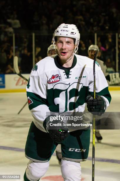 Everett Silvertips forward Riley Sutter celebrates his second period goal in Game 5 of the second round of the Western Hockey League playoffs between...