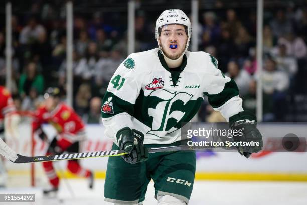 Everett Silvertips forward Garrett Pilon skates to the bench during the second period in Game 5 of the second round of the Western Hockey League...