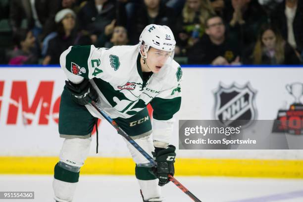 Everett Silvertips defenseman Gianni Fairbrother lines up for a second period face-off in Game 5 of the second round of the Western Hockey League...