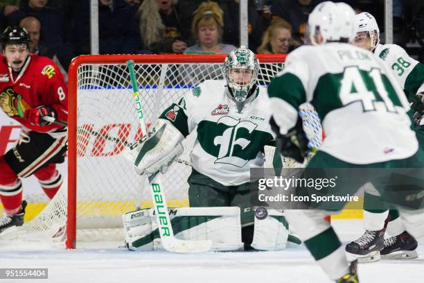 Everett Silvertips goaltender Carter Hart follows a bouncing puck during the second period in Game 5 of the second round of the Western Hockey League...