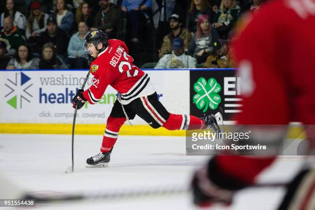 Portland Winterhawks forward Kieffer Bellows shoots the puck on net during the second period in Game 5 of the second round of the Western Hockey...