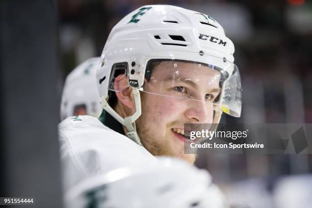 Everett Silvertips forward Riley Sutter smiles late in the third period in Game 5 of the second round of the Western Hockey League playoffs between...