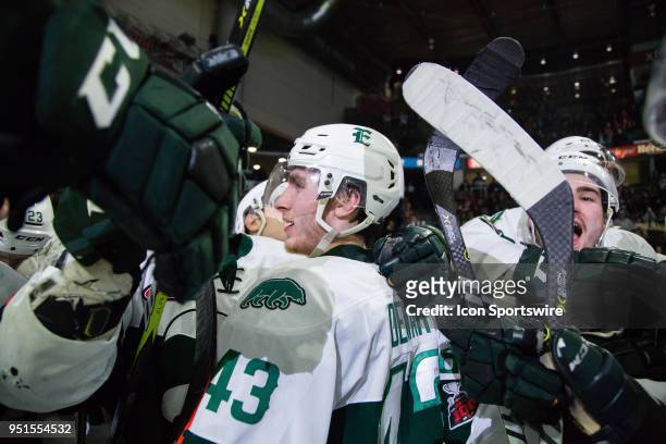 Everett Silvertips forward Connor Dewar celebrates a series victory with teammates after Game 5 of the second round of the Western Hockey League...