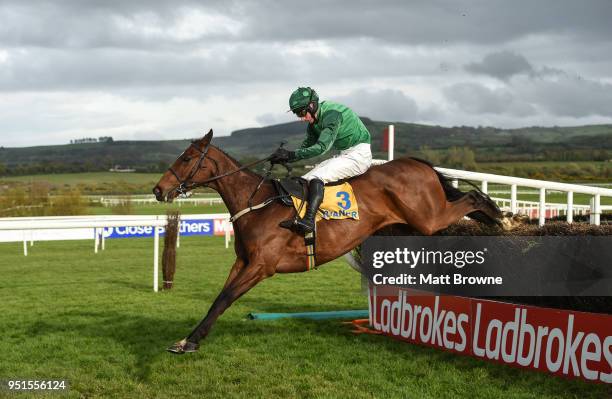 Naas , Ireland - 26 April 2018; Footpad, with Daryl Jacob up, clear the last on their way to winning the Ryanair Novice Steeplechase at Punchestown...