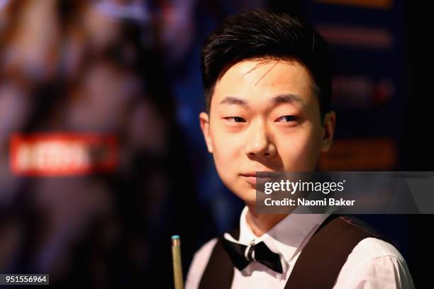 Lyu Haotian of China waits to go on stage prior to his second round match against Barry Hawkins of England during day six of the World Snooker...