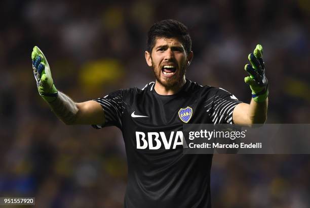 Agustin Rossi goalkeeper of Boca Juniors reacts during a match between Boca Juniors and Palmeiras as part of Copa CONMEBOL Libertadores 2018 at...