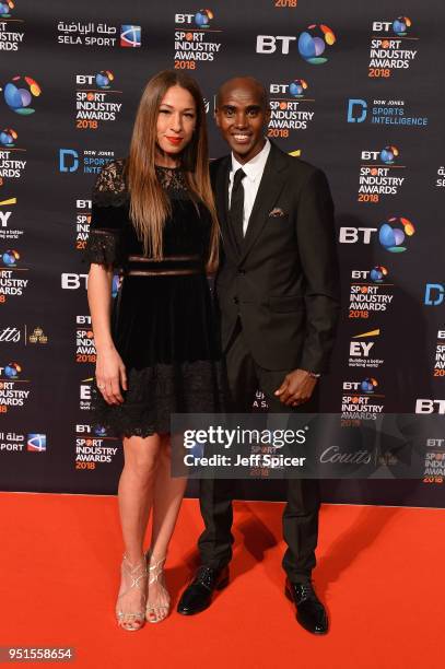 Sir Mo Farah and his wife Tania Nell arrives at the red carpet during the BT Sport Industry Awards 2018 at Battersea Evolution on April 26, 2018 in...