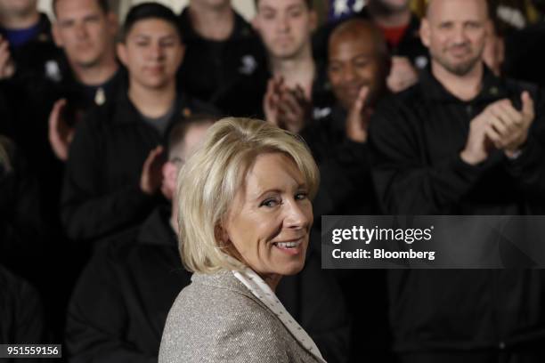 Betsy DeVos, U.S. Secretary of education, arrives to an event with the Wounded Warrior Project veterans and U.S. Donald Trump, not pictured, to kick...
