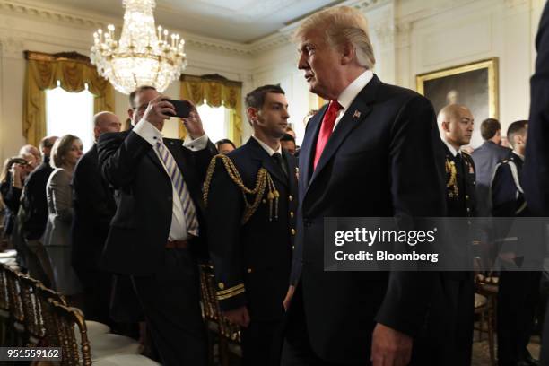 President Donald Trump leaves after speaking at an event with the Wounded Warrior Project veterans to kick off the annual Soldier Ride in the East...