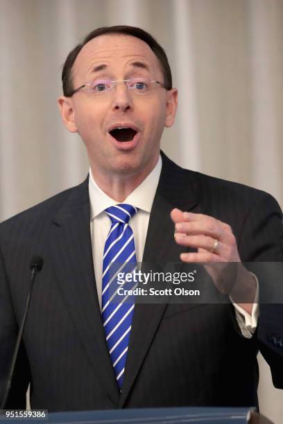 Deputy Attorney General Rod Rosenstein speaks to guests at the International Association of Defense Counsel's 2018 Corporate Counsel College on April...