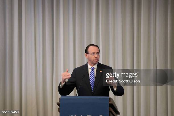 Deputy Attorney General Rod Rosenstein speaks to guests at the International Association of Defense Counsel's 2018 Corporate Counsel College on April...