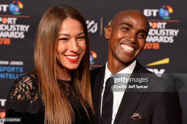 Sir Mo Farah and his wife Tania Nell arrives at the red carpet during the BT Sport Industry Awards 2018 at Battersea Evolution on April 26, 2018 in...