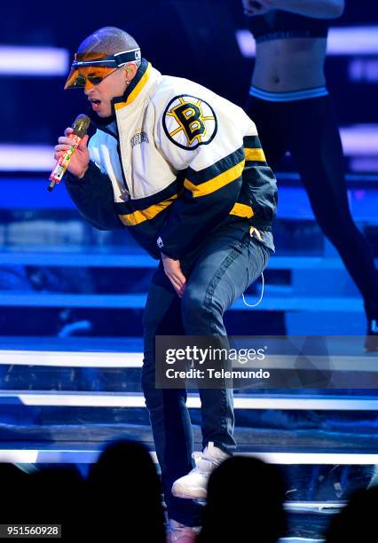 Pictured: Bad Bunny performs during rehearsals at the Mandalay Bay Resort and Casino in Las Vegas, NV on April 25, 2018 --