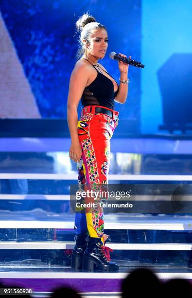 Pictured: Karol G performs during rehearsals at the Mandalay Bay Resort and Casino in Las Vegas, NV on April 25, 2018 --