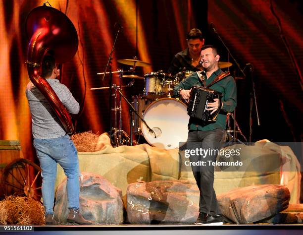 Pictured: Alejandro Gaxiola, Erick Garcia, and Eden Munoz of Calibre 50 perform during rehearsals at the Mandalay Bay Resort and Casino in Las Vegas,...