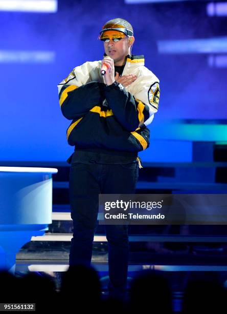 Pictured: Bad Bunny performs during rehearsals at the Mandalay Bay Resort and Casino in Las Vegas, NV on April 25, 2018 --