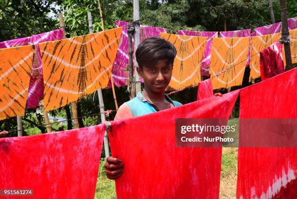 Bangladeshi labors working in the Batik Cloth industry at Narsingdi area near Dhaka, Bangladesh, on April 26, 2018. Each Worker earns par day 400-500...