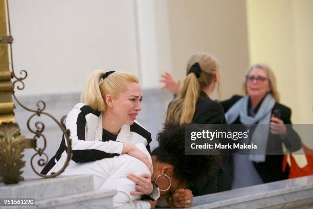 Bill Cosby accusers Caroline Heldman, Lili Bernard and Victoria Valentino react after the guilty on all counts verdict was delivered in the sexual...