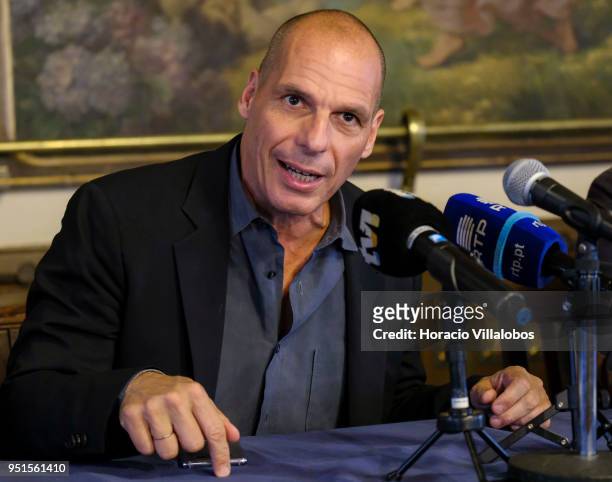 Former Greek Finance Minister Yanis Varoufakis, founder of DiEM25, talks to the press to announce that a group of different political parties will...